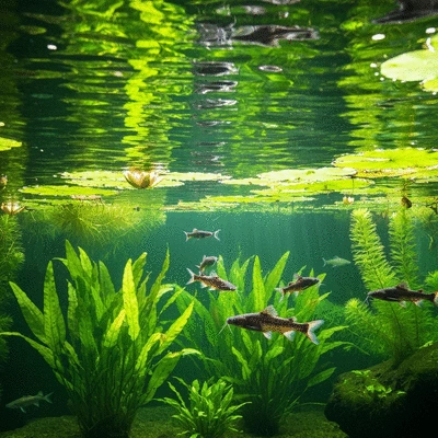 Aquatic plants growing in a catfish pond, providing natural filtration