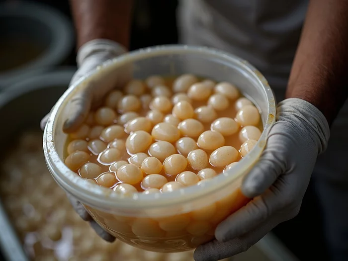 African catfish eggs being carefully collected by a farmer into a soft plastic container after spawning, showing healthy, fertile eggs, commercial catfish farming operation, professional hatchery environment, African farming context, no text, no words, no typography, no labels, clean image