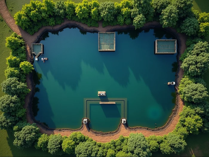 Aerial view of a well-designed commercial African catfish (Clarias gariepinus) farming pond with visible inlet and outlet structures, demonstrating optimal water flow