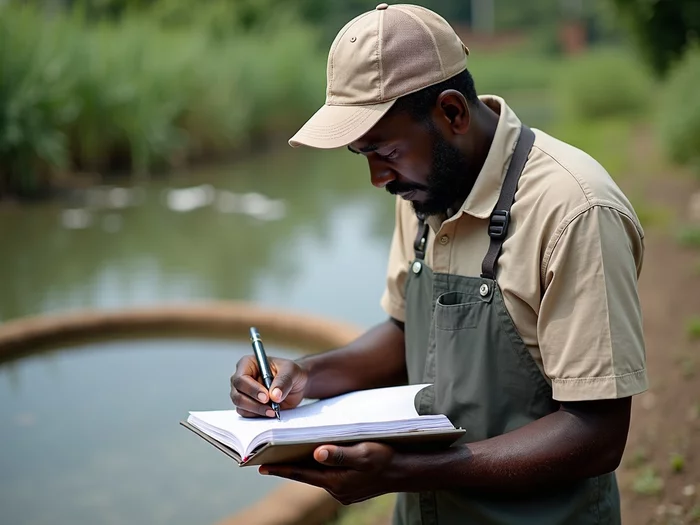 African farmer meticulously updating record book for commercial catfish pond