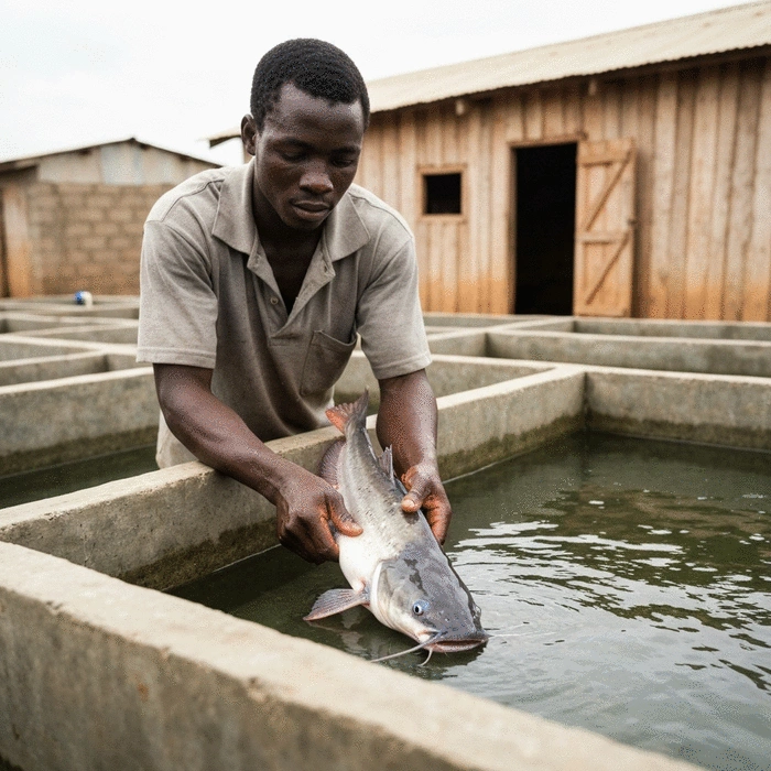 African farmer examining catfish in a concrete tank