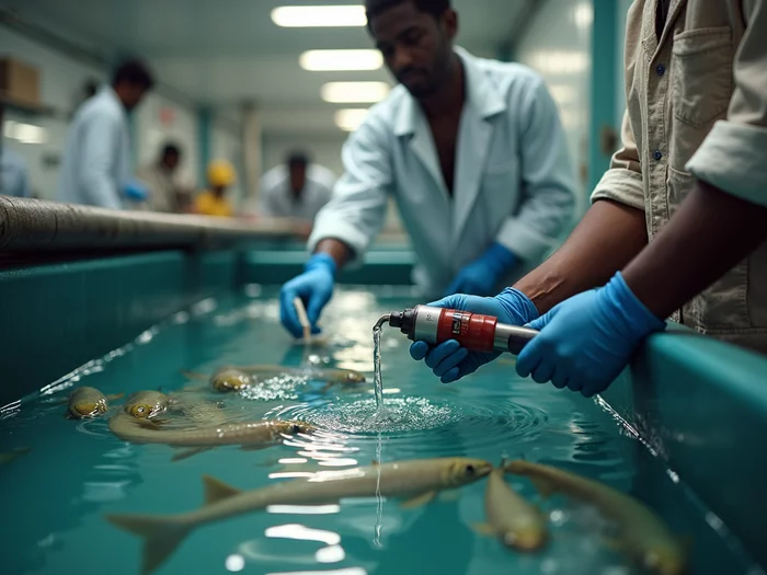 African farmer performing water quality test in a commercial catfish pond, using test kit to check pH, temperature, or dissolved oxygen, professional aquaculture management, clear water, no text