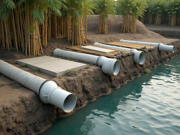 Various materials for catfish pond construction, including PVC pipes, concrete slabs, and bamboo, African catfish (Clarias gariepinus) farming context