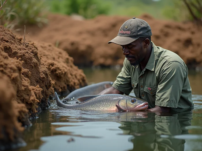 African catfish farmer visually inspecting healthy catfish in a commercial pond