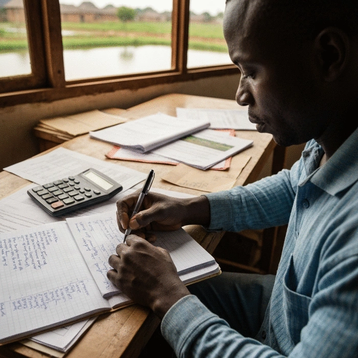 African farmer reviewing handwritten farm records in a notebook