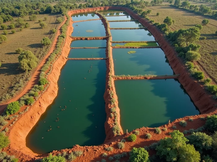 Aerial view of a well-designed commercial African catfish farm with multiple rectangular ponds