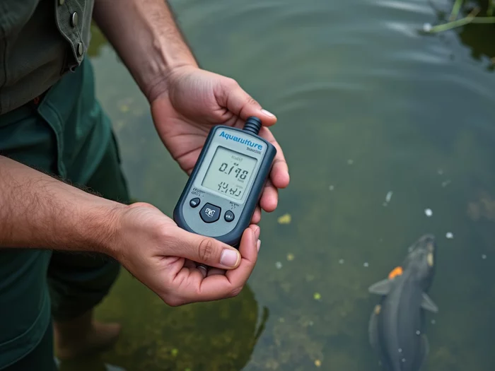Aquaculture technician testing water quality in a commercial catfish pond
