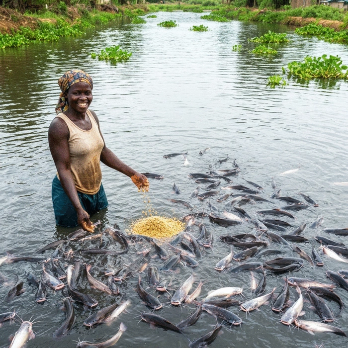 African farmer feeding catfish in a large, well-maintained earthen pond