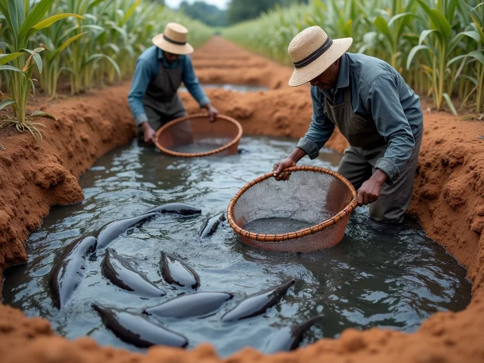 Commercial African catfish harvesting operation with nets