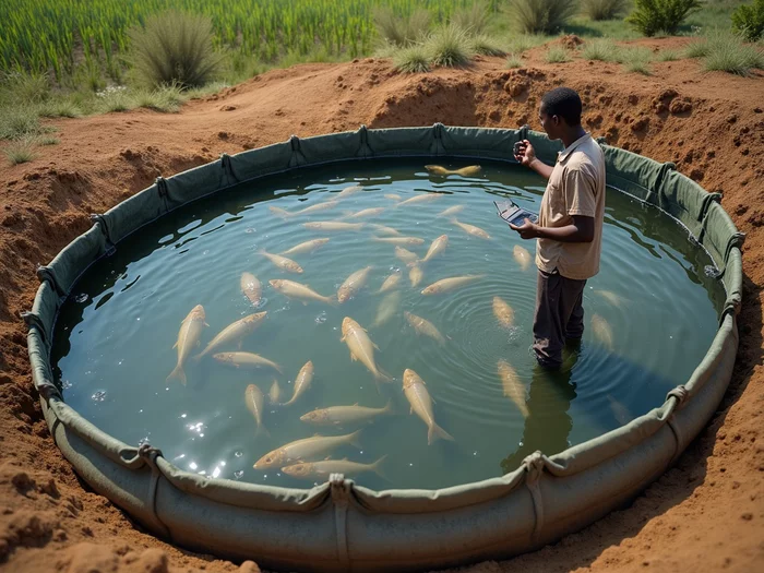 African farmer monitoring stocker African catfish (Clarias gariepinus) in a large commercial earthen pond