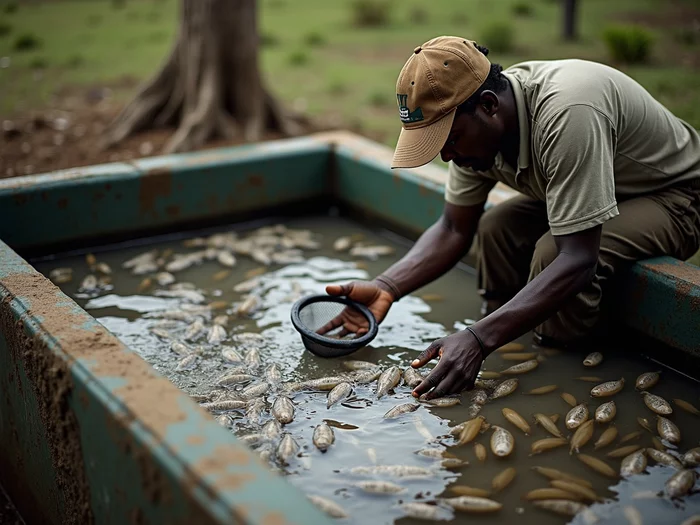 African farmer inspecting African catfish in a commercial hatchery tank