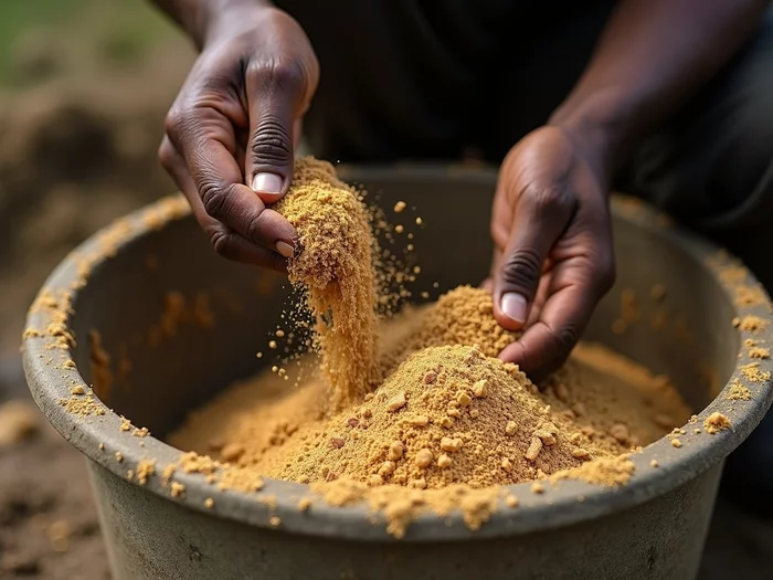 African farmer mixing catfish feed ingredients on a farm