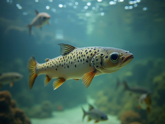African catfish fry in a commercial hatchery tank with visible development stages, clean water, professional aquaculture infrastructure, no text