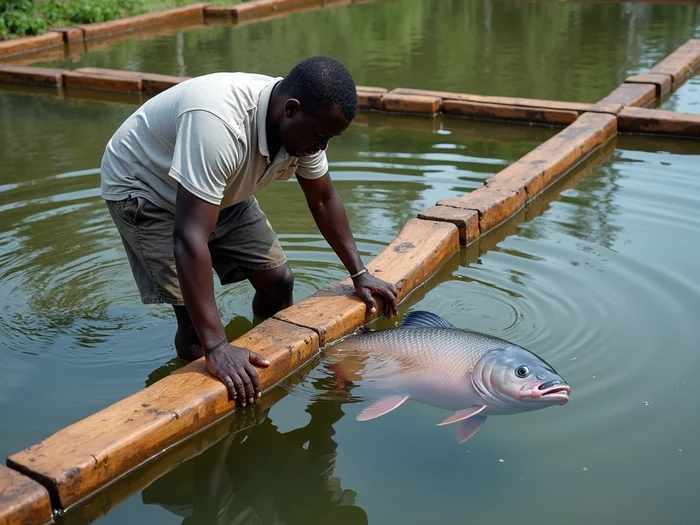 African farmer installing wooden boards into a monk structure in a catfish pond