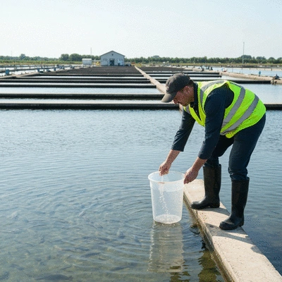 Aquaculture expert taking water sample from a catfish pond, clean image
