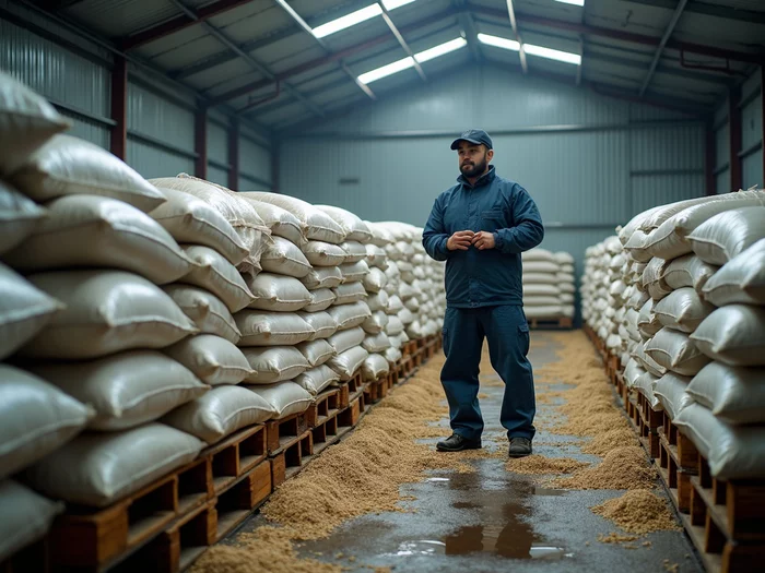 Commercial catfish farm worker inspecting stacks of feed bags for proper ventilation
