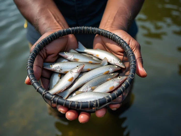 Farmer holding a net full of African catfish fingerlings, preparing to stock them into a commercial tarpaulin pond, showing professional handling and clear water