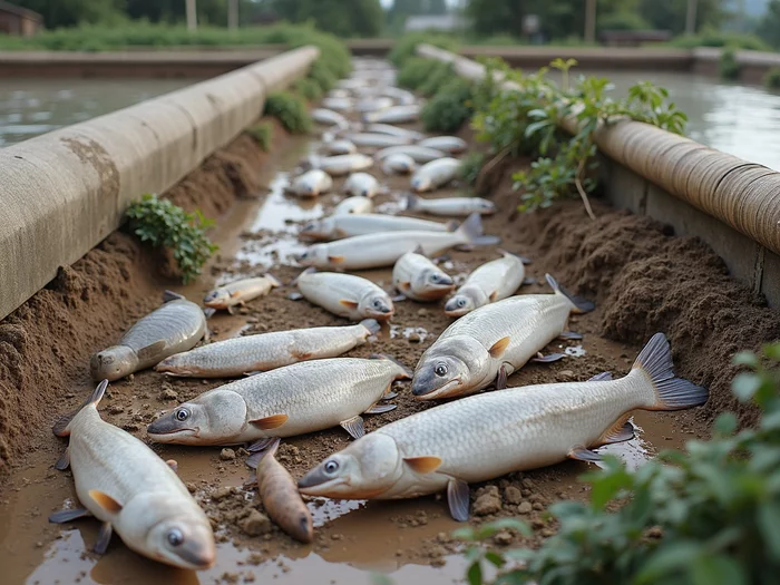 Various construction materials for monk structures (concrete, PVC, timber) in a commercial catfish farm