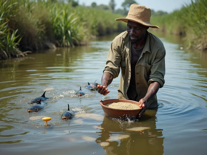 African farmer distributing feed evenly in a commercial catfish pond