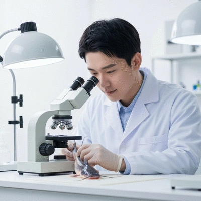 Aquaculture expert examining catfish in a lab setting