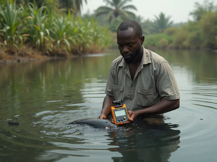 Farmer testing water quality in a commercial African catfish pond