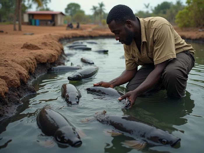 Professional farmer inspecting healthy African catfish in a commercial pond