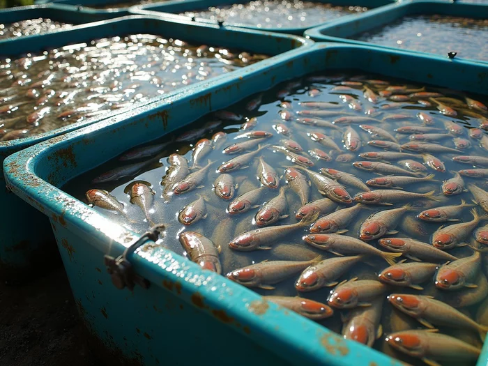 Commercial catfish hatchery tanks with dense population of African catfish fry, clear water, proper aeration, professional aquaculture setup, no text