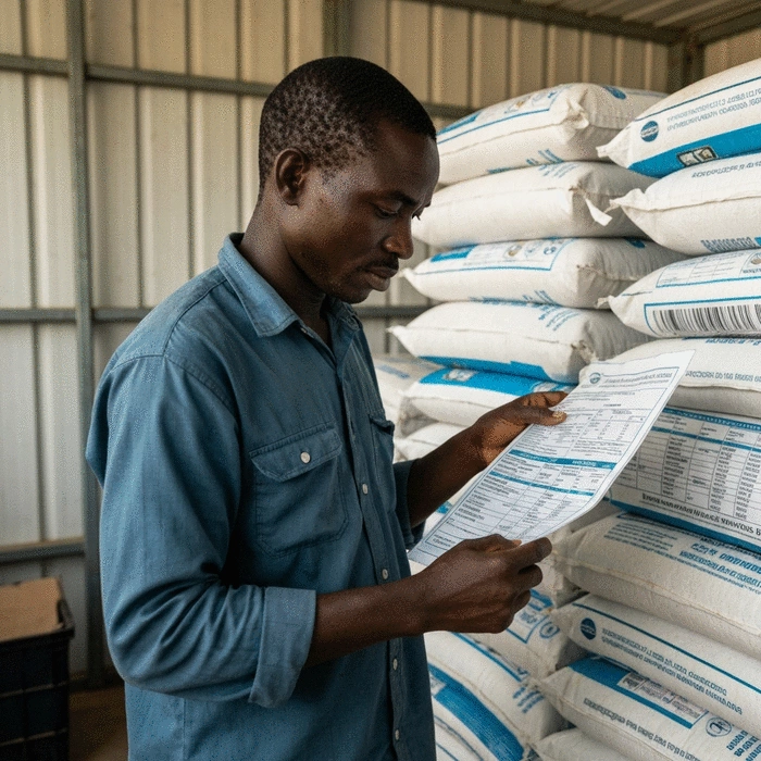 African farmer inspecting fish feed bag labels