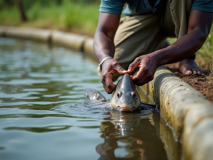 African farmer adjusting seasonal bird deterrents around a commercial catfish pond
