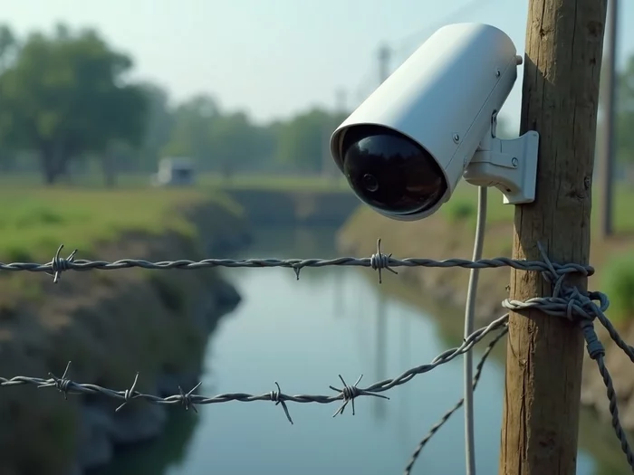 Security camera monitoring commercial catfish pond, with fencing in background