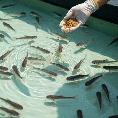African catfish fingerlings being fed in a controlled aquaculture environment