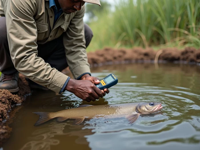 Professional farmer monitoring water quality in commercial African catfish pond