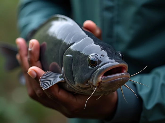 Farmer examining African catfish for signs of fungal infection