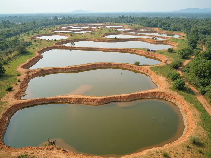 Aerial view of multiple commercial earthen catfish ponds, showing clear rectangular shapes and a well-managed farm layout