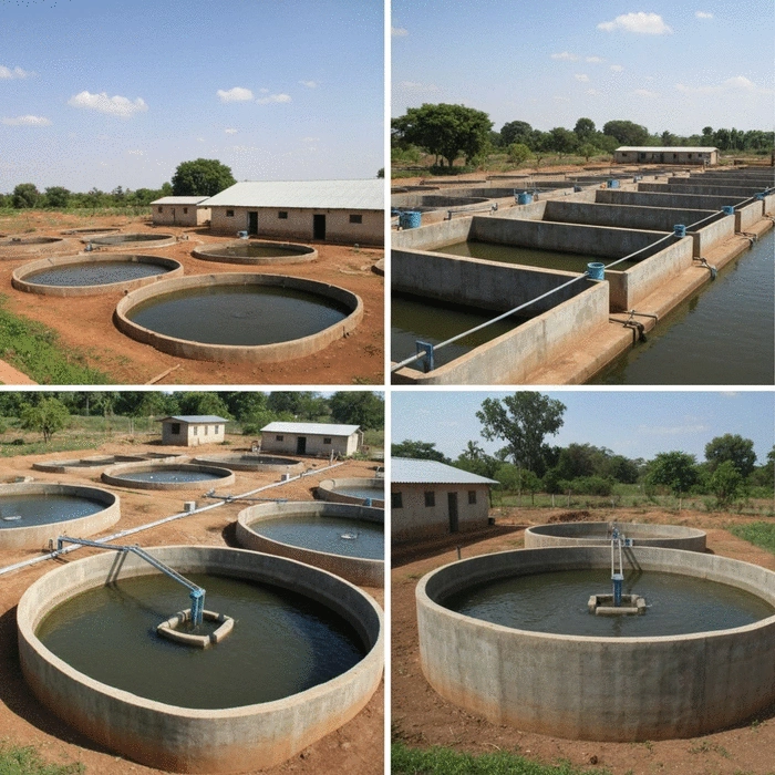 Aerial view of an organized African fish farm with both earthen ponds and concrete tanks