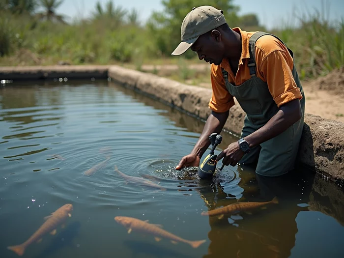 Professional checking water quality in a commercial African catfish (Clarias gariepinus) pond, using testing equipment, with healthy catfish visible