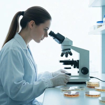Scientist working in a lab with petri dishes, representing bacterial culturing