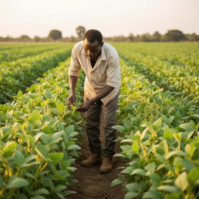 African farmer observing catfish in an earthen pond, looking for signs of stress