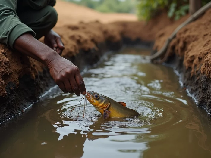 African farmer hand-feeding African catfish in a commercial earthen pond