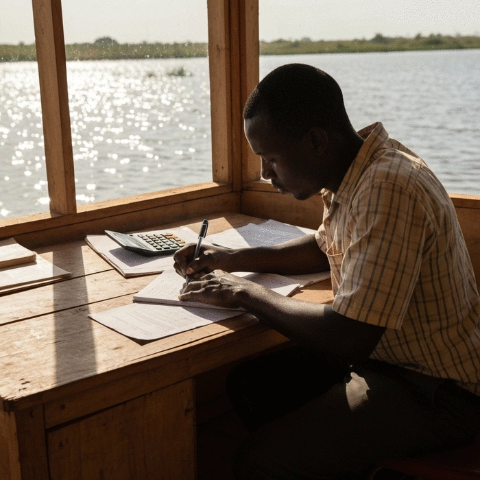 African farmer reviewing handwritten farm records in a notebook with a pen at a desk