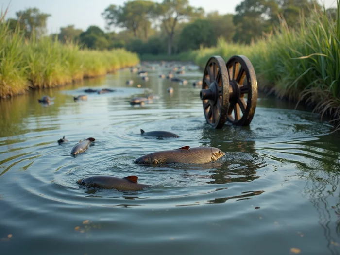 Commercial catfish pond with paddlewheel aerator actively circulating water, showing healthy African catfish swimming in the foreground