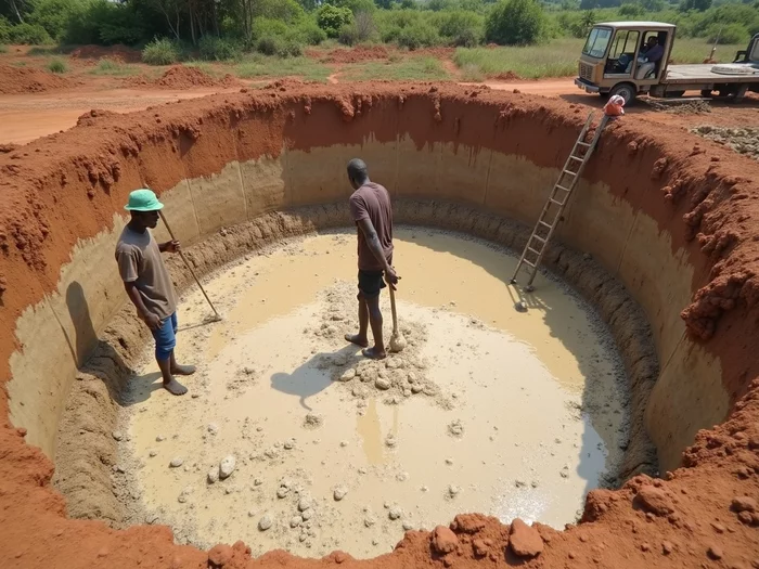Workers applying bentonite clay to the bottom of a newly excavated commercial catfish pond