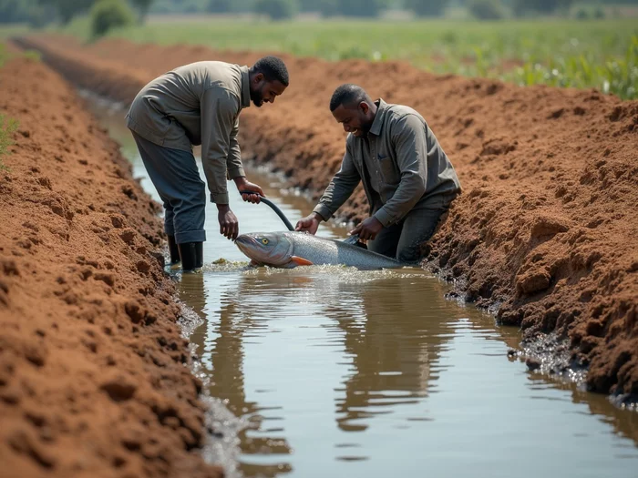Fishery workers performing maintenance on an earthen commercial catfish pond, checking for leaks or damage