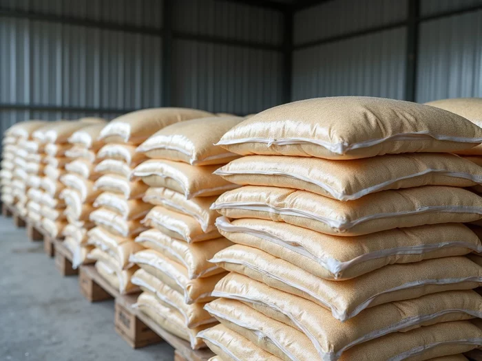 Commercial catfish feed bags with proper hermetic seals ready for storage