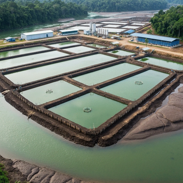 Aerial view of a commercial African catfish farm with multiple earthen ponds and concrete tanks