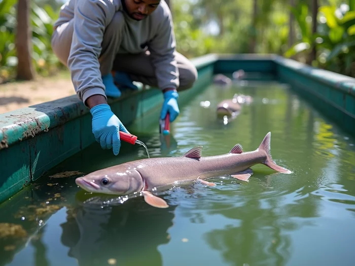 Professional checking water quality parameters in a commercial African catfish (Clarias gariepinus) pond