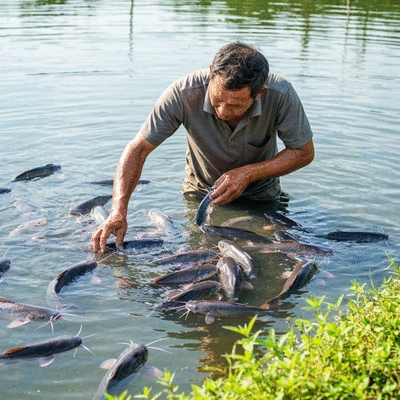 Catfish farmer inspecting healthy catfish in a pond
