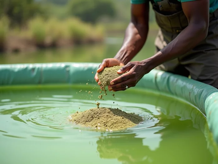 Farmer applying fertilizer to a commercial catfish pond