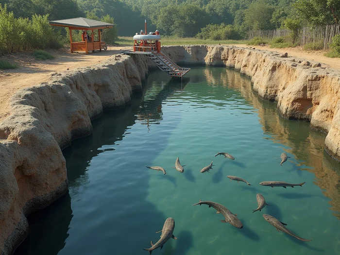 Commercial catfish pond with modern monk structure controlling water levels