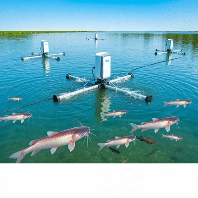 Modern aeration equipment in a catfish pond, clean image